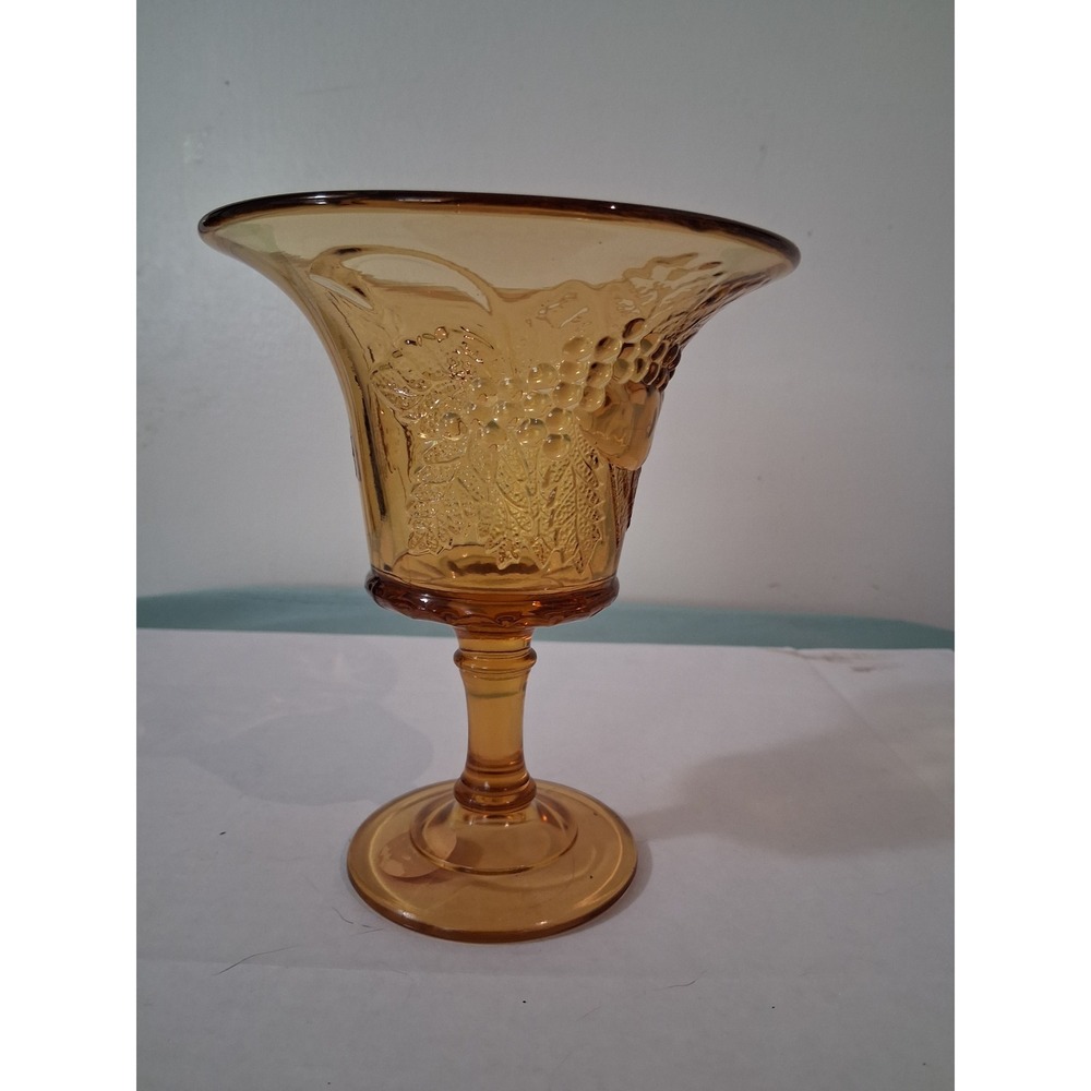 Vintage Amber Glass Harvest Grape Footed Vase Flared Rim Mid Century Modern 6in